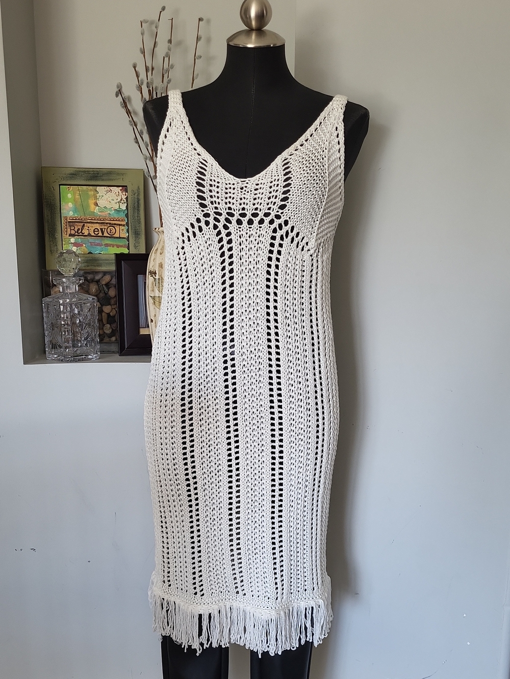 Yunika  White Crochet Cover Up W/ Fringe  Slip Dress Sz Large